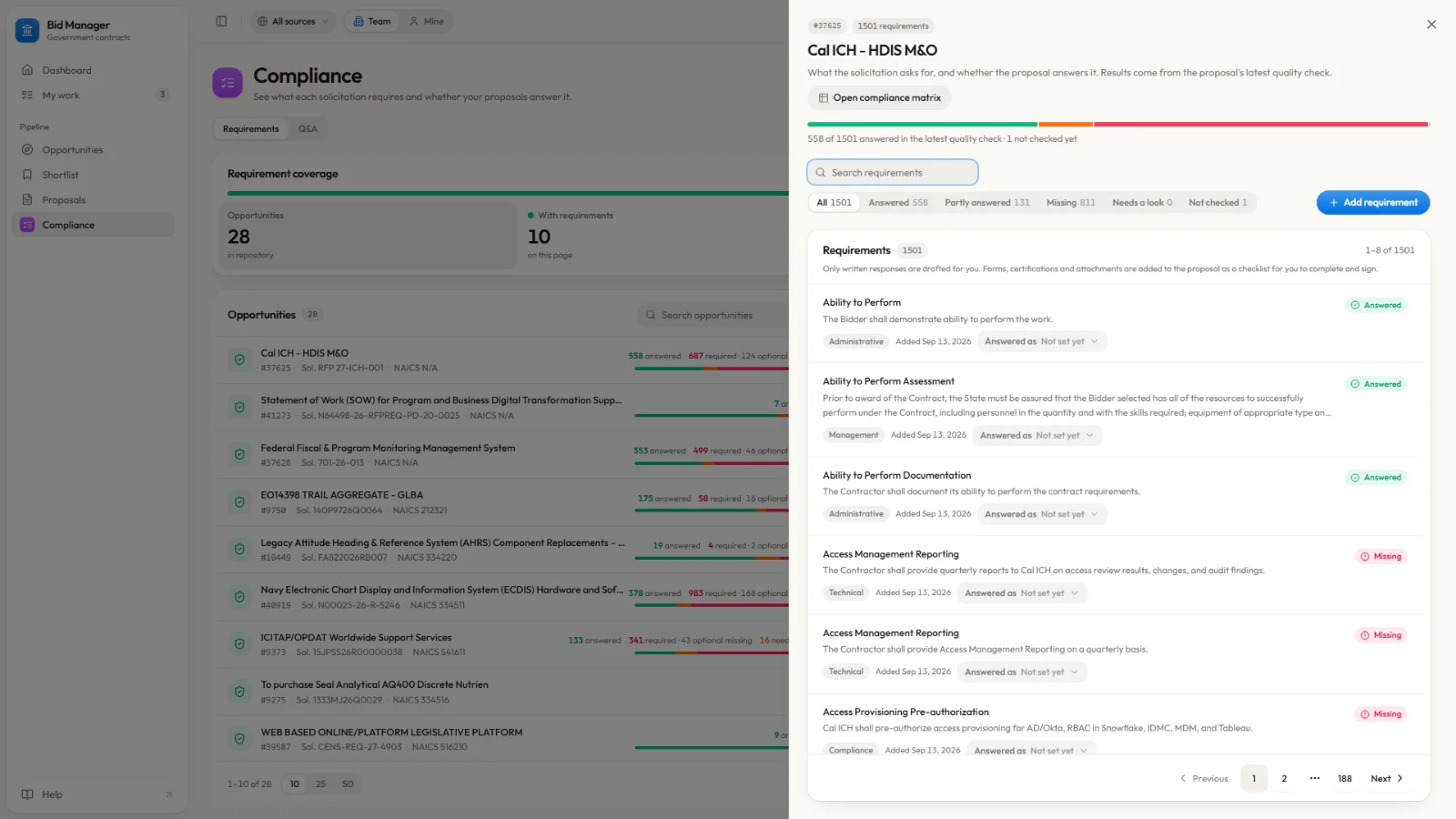 Compliance page listing each opportunity's requirements and whether the proposal answers them