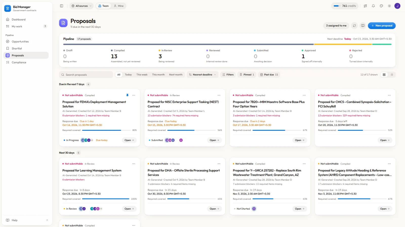 BidManager proposals list showing generation status for each proposal